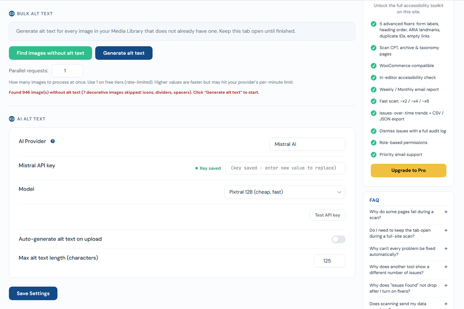 The AI Alt Text settings screen showing the AI provider set to Mistral AI, a saved API key, the Pixtral 12B model, an auto-generate-on-upload toggle, and a max alt text length field.