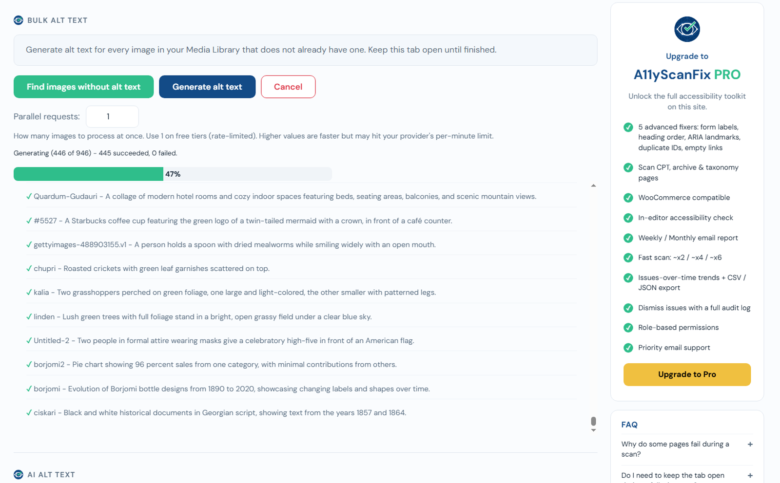 The Bulk Alt Text panel mid-run: a green progress bar at 47 percent reading Generating 446 of 946, 445 succeeded, 0 failed, above a live list of generated descriptions for each image.