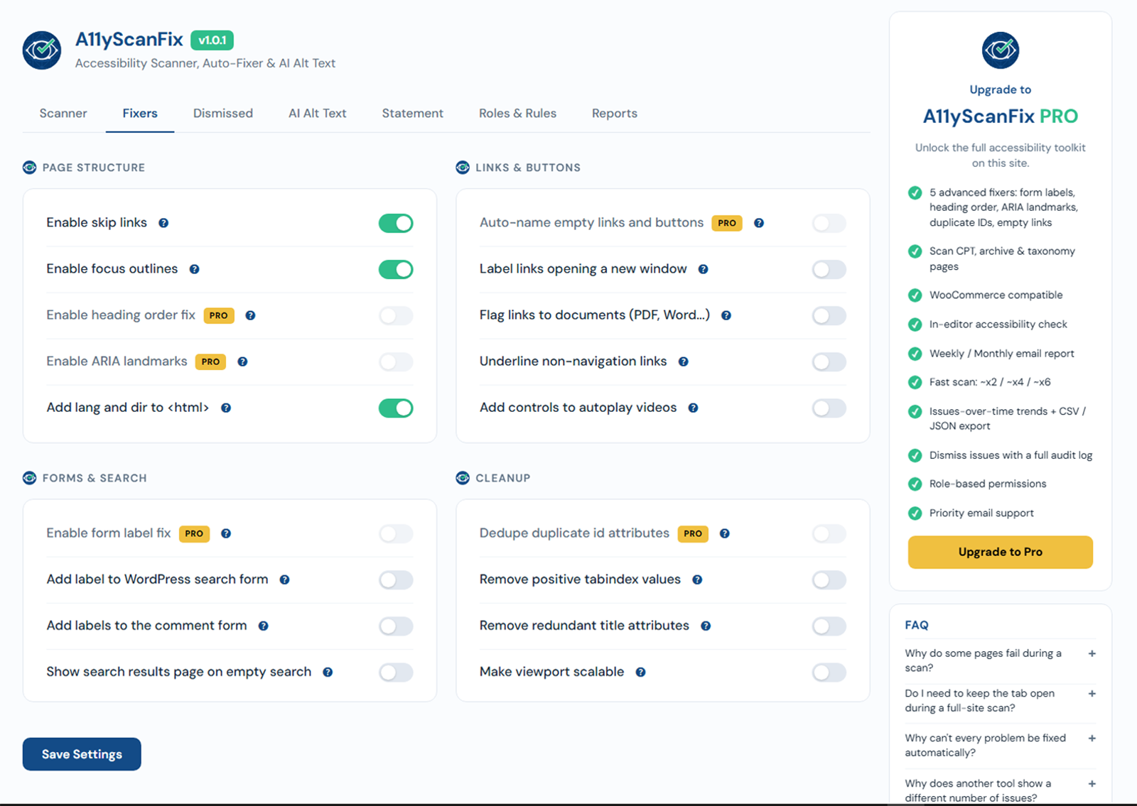 The Fixers settings screen with toggles grouped into Page Structure, Links and Buttons, Forms and Search, and Cleanup. Some toggles are on, and several advanced options carry a PRO badge.