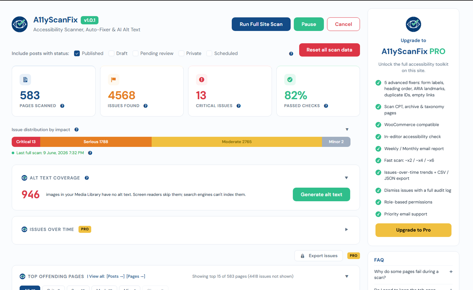 The A11yScanFix dashboard during a full-site scan, with Run Full Site Scan, Pause, and Cancel buttons, result cards, and an issue-distribution bar split into Critical, Serious, Moderate, and Minor segments.